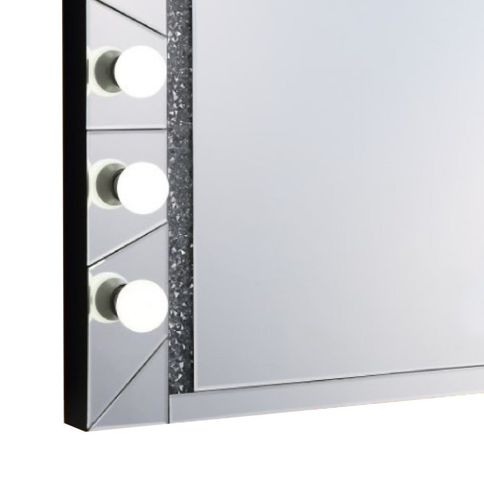 Benzara BM274651 Lighted Wall Mirror, 12 Bulb Sockets, Faux Diamond Trim, Silver