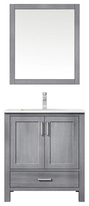 Jacques 30" Distressed Grey Single Square Sink Vanity with Quartz Top, With Mirr
