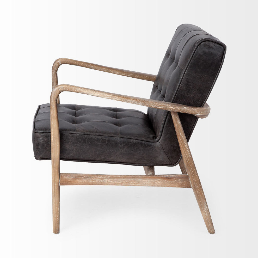 HomeRoots Black Leather Accent Chair With Wrapped Ash Wood Frame