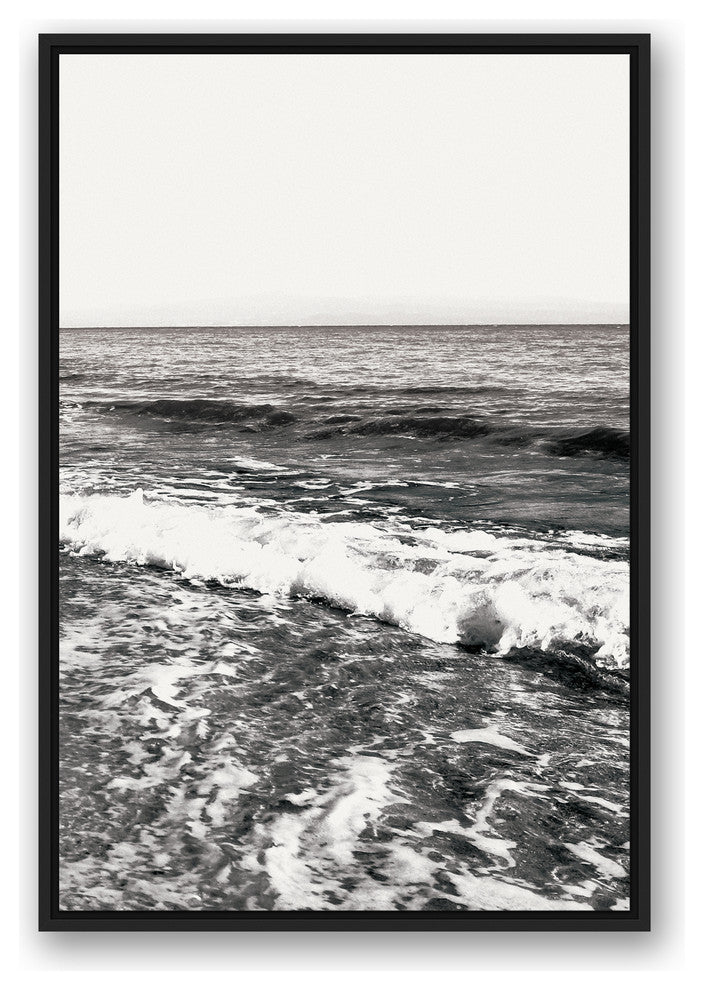 Black and White Ocean Waves 24x36 Black Floating Framed Canvas