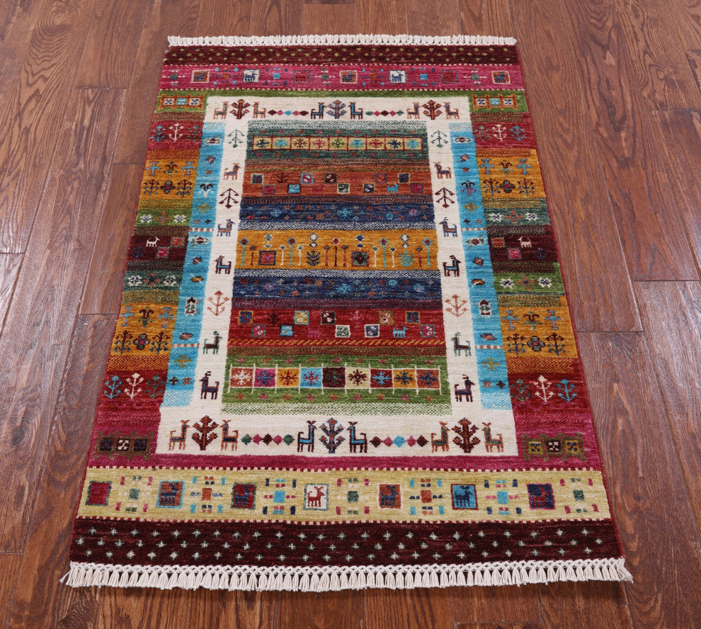 Tribal Persian Gabbeh Hand-Knotted Rug 2' 9" X 4' 2" Q10134