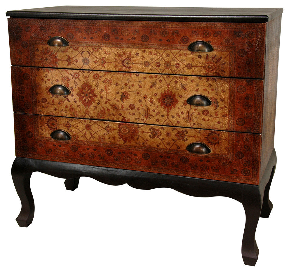 Front-facing product image on white background showing entire three-drawer console.