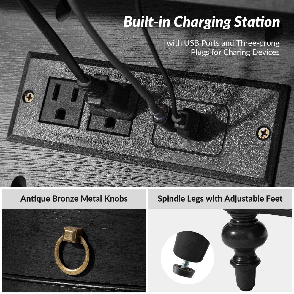 3-Drawer Nightstand With Solid Wood Legs and Built-In Outlets, Set of 2, Black