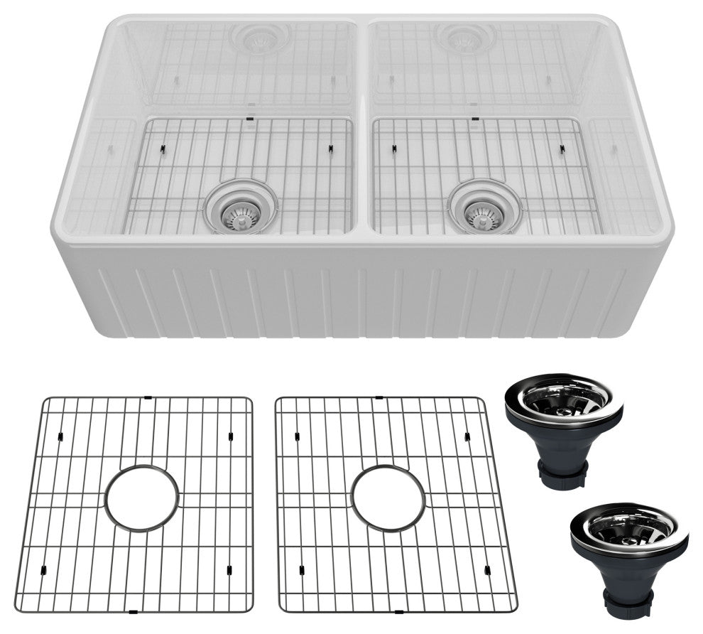 33in Double Bowl Fireclay Farmhouse Apron Kitchen Sink with Striped Design, Glossy White