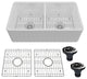 33in Double Bowl Fireclay Farmhouse Apron Kitchen Sink with Striped Design, Glossy White
