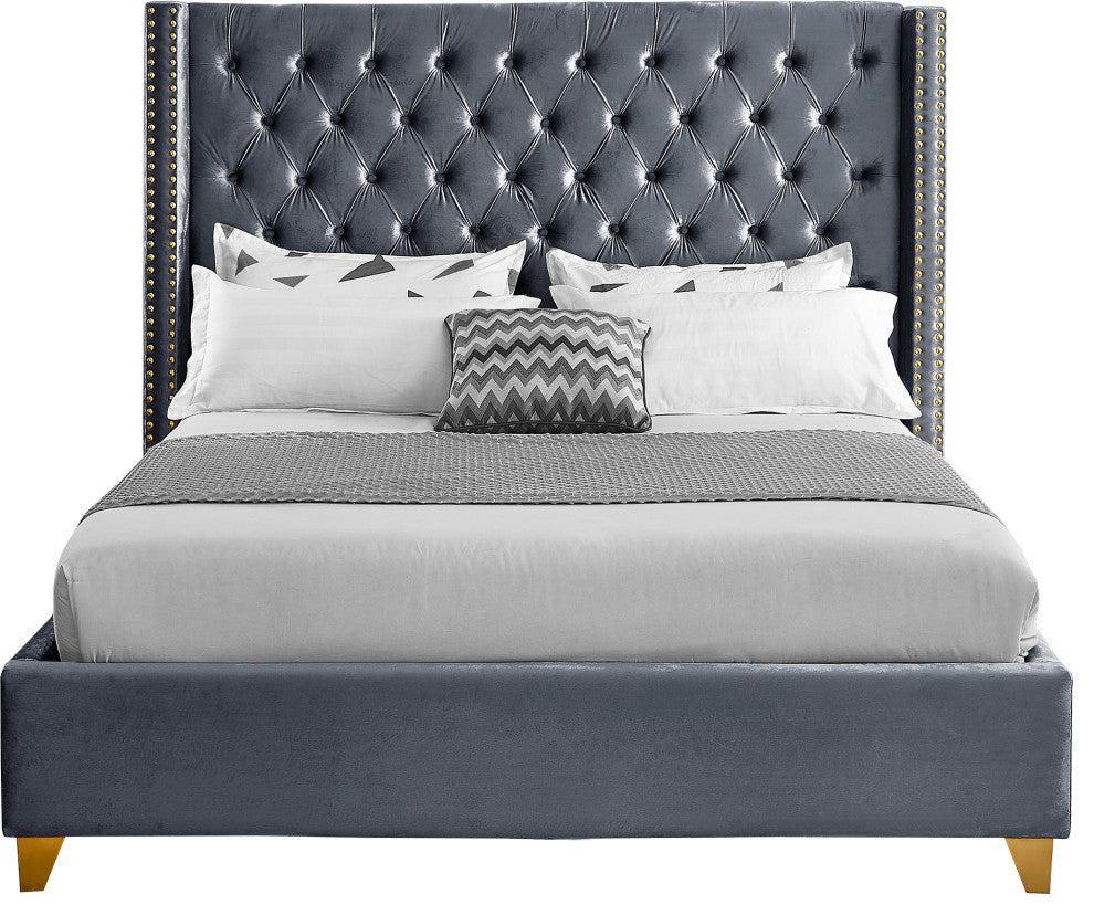 Barolo Velvet Upholstered Bed, Gray, Queen