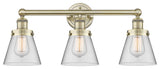 Edison Small Cone 3-Light 25" Vanity Light, Antique Brass Finish, Clear Shade
