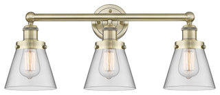 Edison Small Cone 3-Light 25" Vanity Light, Antique Brass Finish, Clear Shade