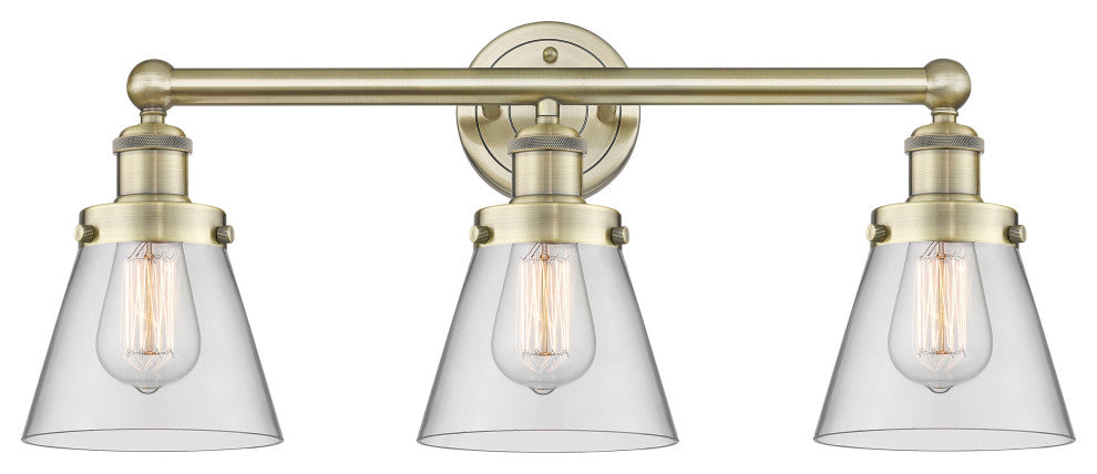 Edison Small Cone 3-Light 25" Vanity Light, Antique Brass Finish, Clear Shade