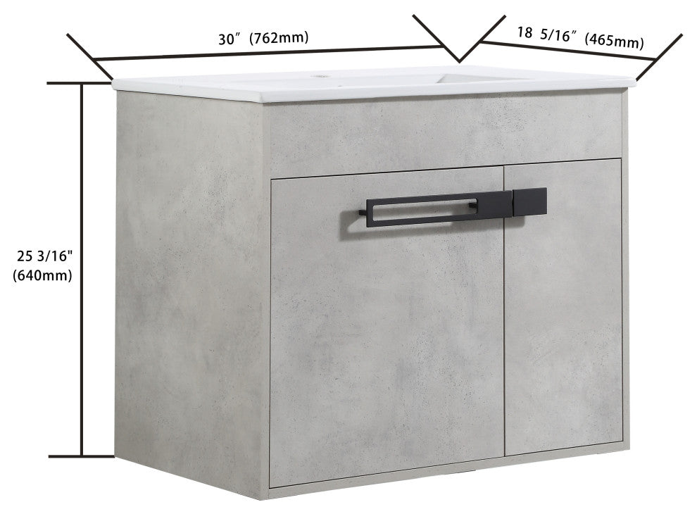Freestanding/Floating Bathroom Vanity With white Ceramics Top, Grey, 30"