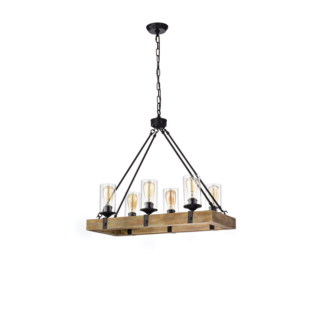 6-Light Matte Black and Vintage Wood Farmhouse Linear Chandelier Clear Glass
