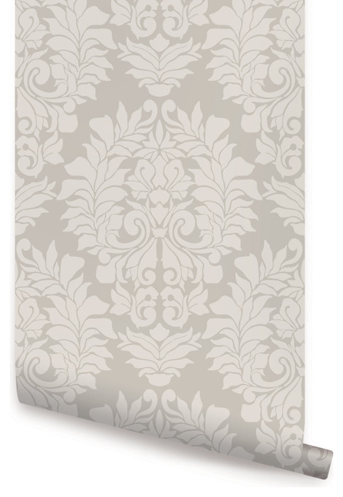 Classic Damask Peel and Stick Vinyl Wallpaper, Beige on Gray, 24"w X 60"h