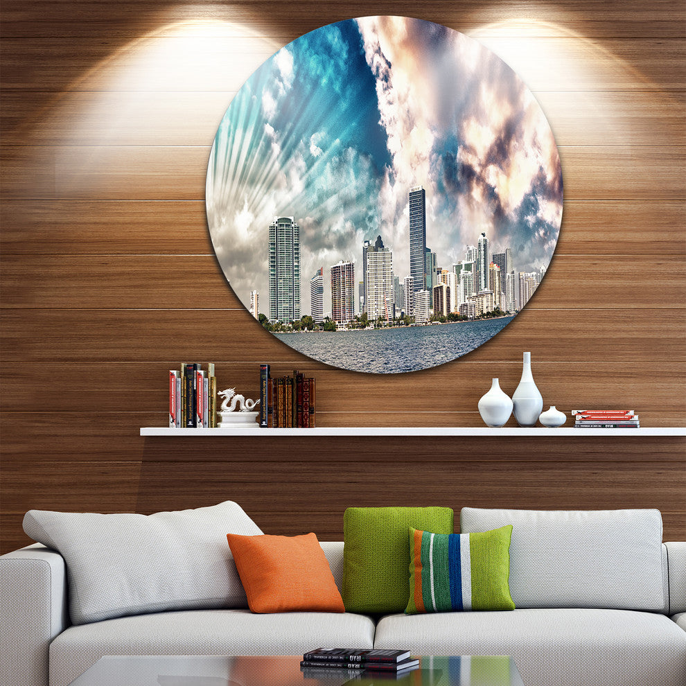 Miami Skyline With Clouds, Cityscape Photo Round Wall Art, 36"