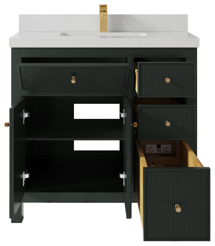 Sonoma 36 Center Sink Reeded Bath Vanity in Dark Forest Green 2" Carrara Quartz