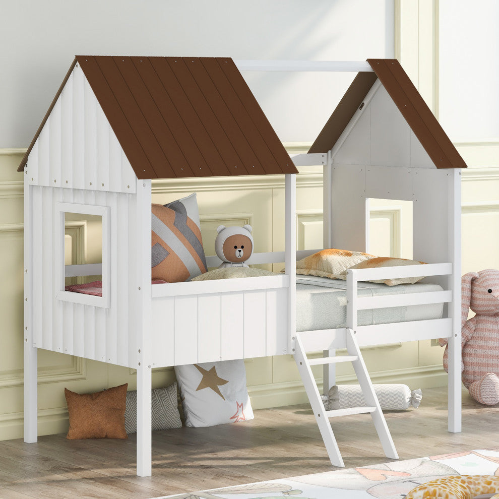 Gewnee Twin Size Low Loft Wood House Bed with Two Side Windows