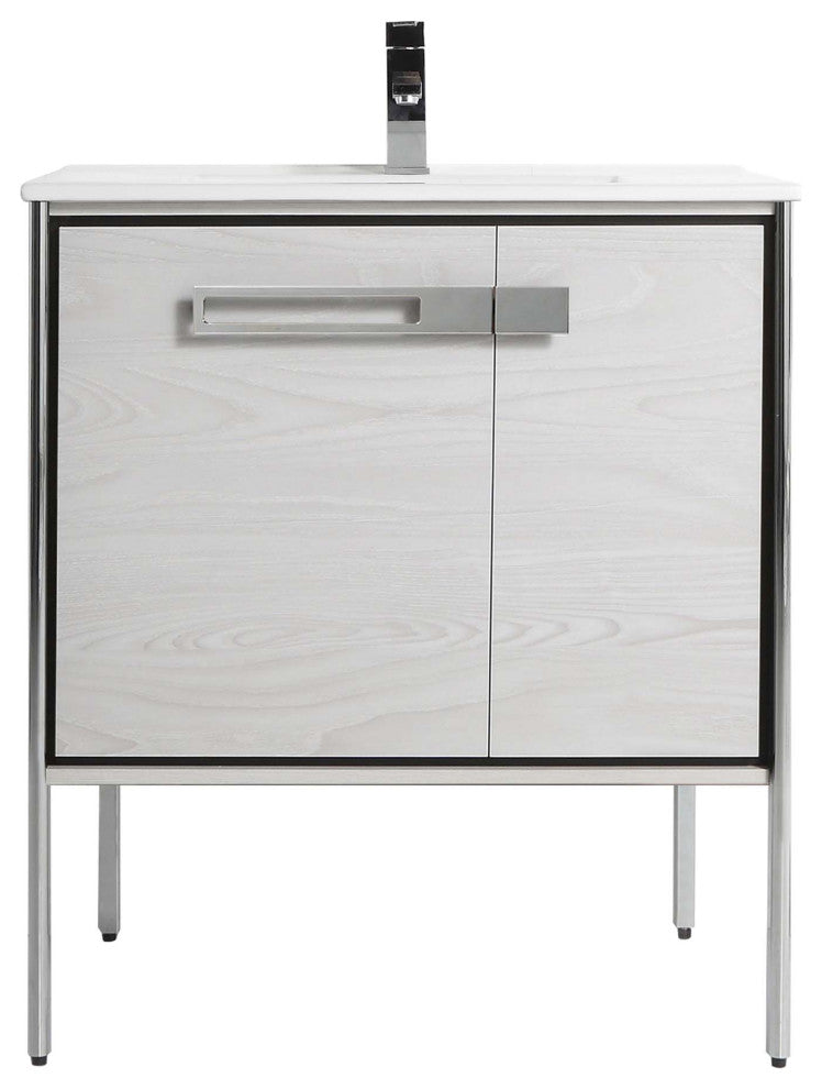 Oakville Bath Vanity, Ceramic Sink, Mild Grey Oak, 30 Inch, Chrome Hardware