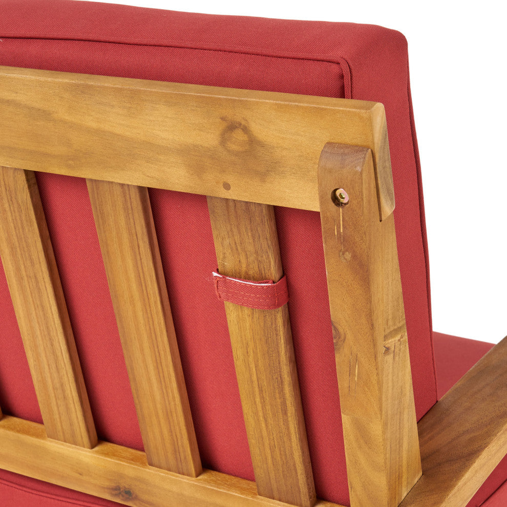 GDF Studio Keanu Outdoor Acacia Wood Loveseat and Coffee Table Set With Cushions, Red
