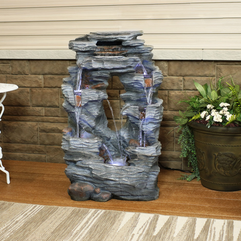 Sunnydaze Dual Cascading Rock Falls Water Fountain With LED Lights, 39"