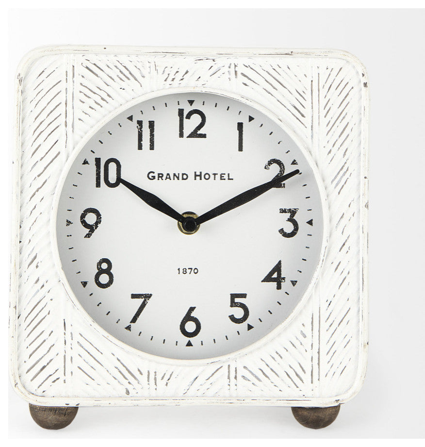 Karl Rustic White Iron Rounded Square Table Clock