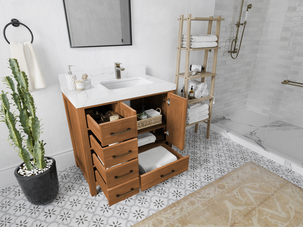 Malibu Teak 36 Right Offset Bath Vanity in Golden Teak 2" White Quartz