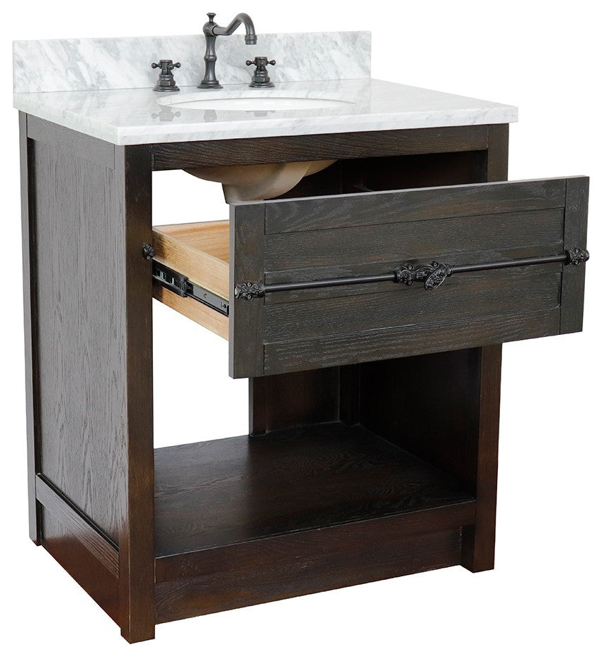 30" Single Vanity, Brown Ash, White Carrara Top, Oval Sink