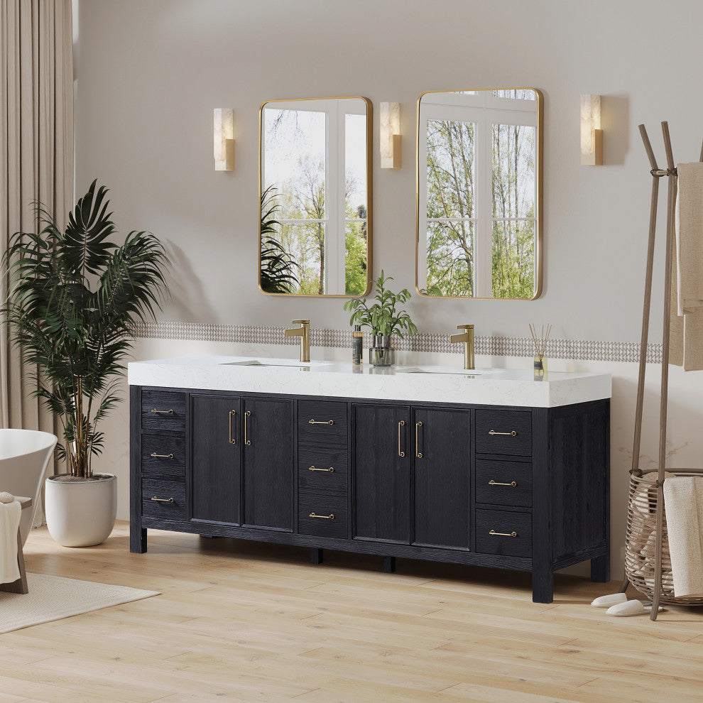 Leon Bath Vanity With Composite Stone Top, Fir Wood Black, 84", With Mirror