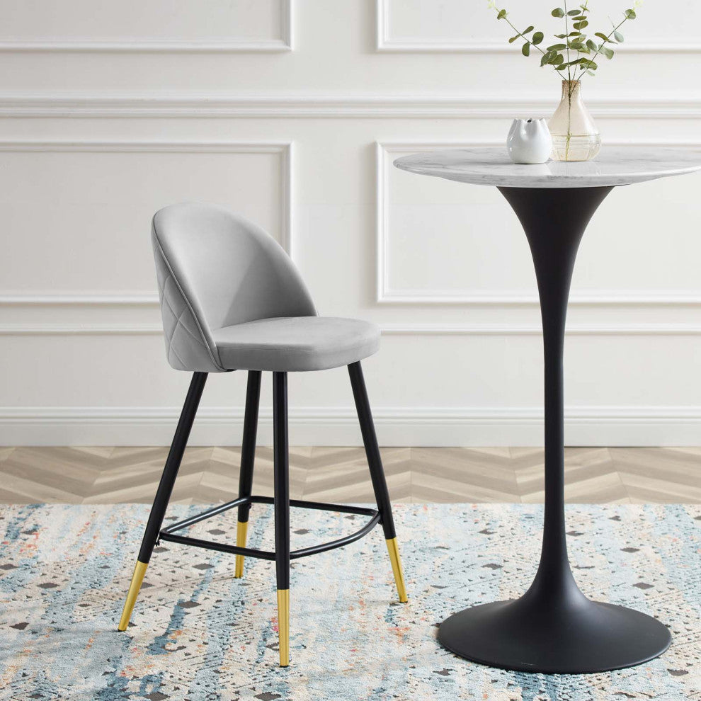 Counter Stool Chair, Set of 2, Velvet, Metal, Gray, Modern, Bar Pub Bistro