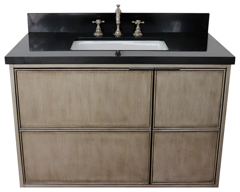 37" Single Wall Mount Vanity, Linen Brown Finish With Black Galaxy Top