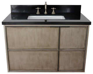 37" Single Wall Mount Vanity, Linen Brown Finish With Black Galaxy Top