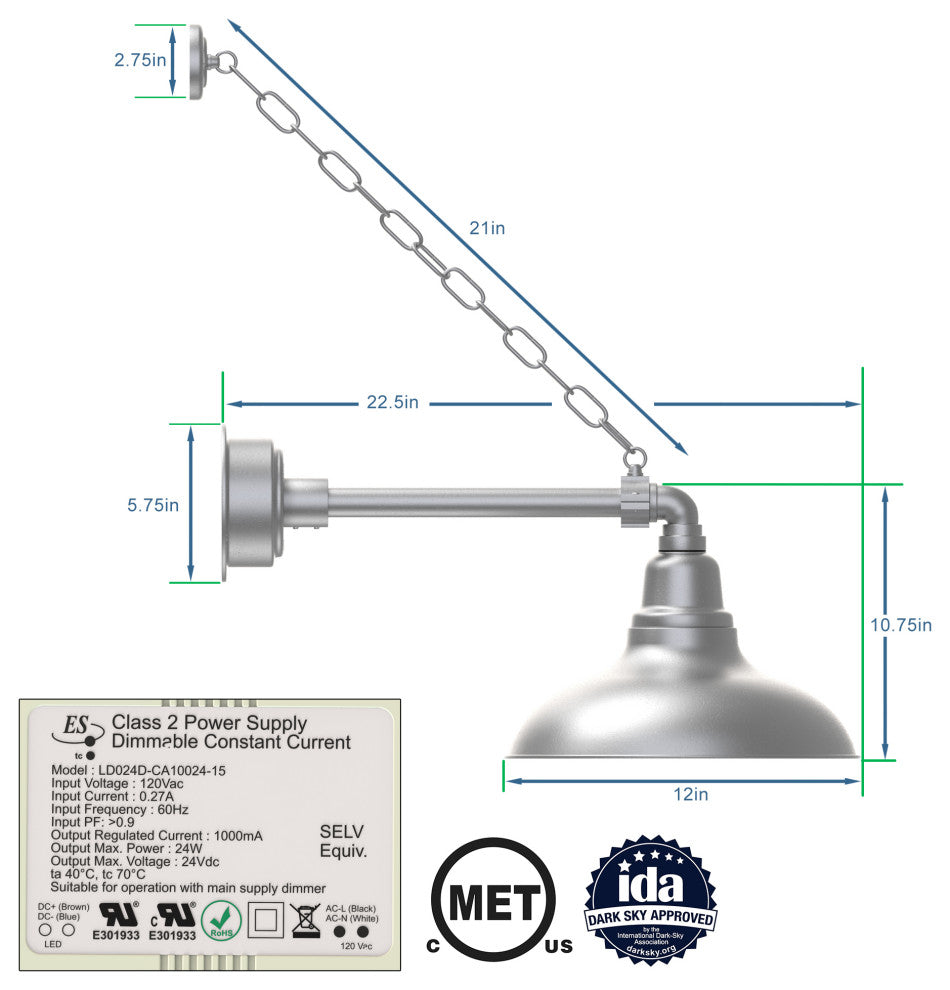 Gooseneck Barn Light With Metropolitan Arm With Chain, Galvanized Silver, 12"