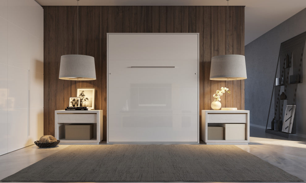 INVENTO Vertical Murphy Bed with LED and Mattress 63x78.7", White/White
