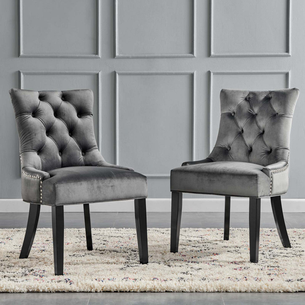 Tufted Side Dining Chair, Set of 2, Velvet, Wood, Dark Gray, Modern, Bistro