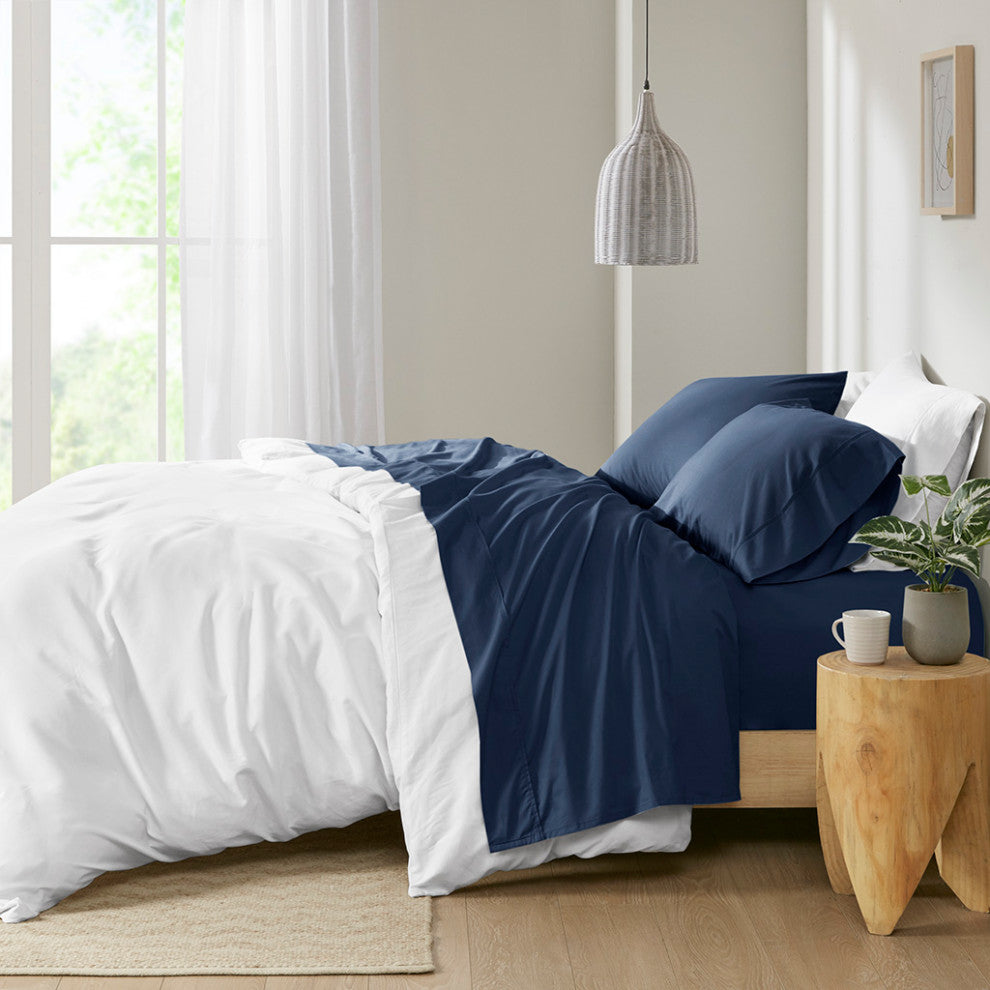 Madison Park Peached Percale Cotton Peached Percale Sheet Set, Navy