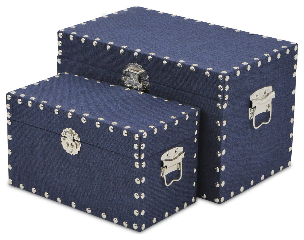 Linen Studded Boxes, Navy, Set of 2