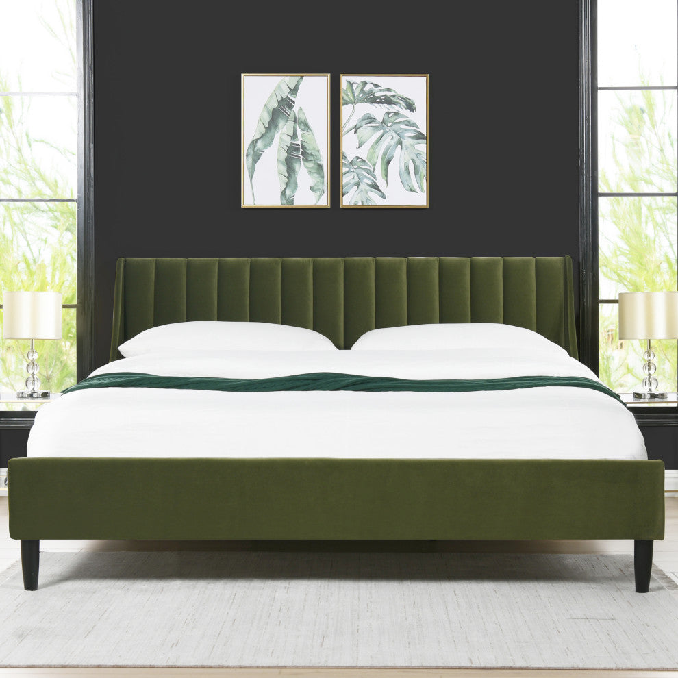 Aspen Modern Vertical Tufted Upholstered Platform Bed, Olive Green Performance Velvet, King