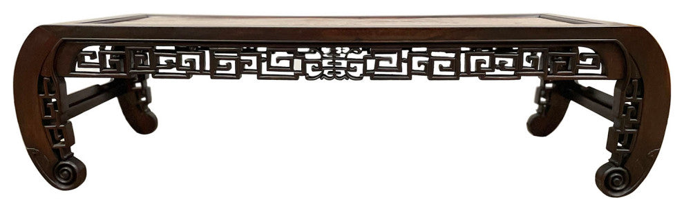 Consigned Antique Chinese Rosewood Carved Coffee Table with Burl Wood Top
