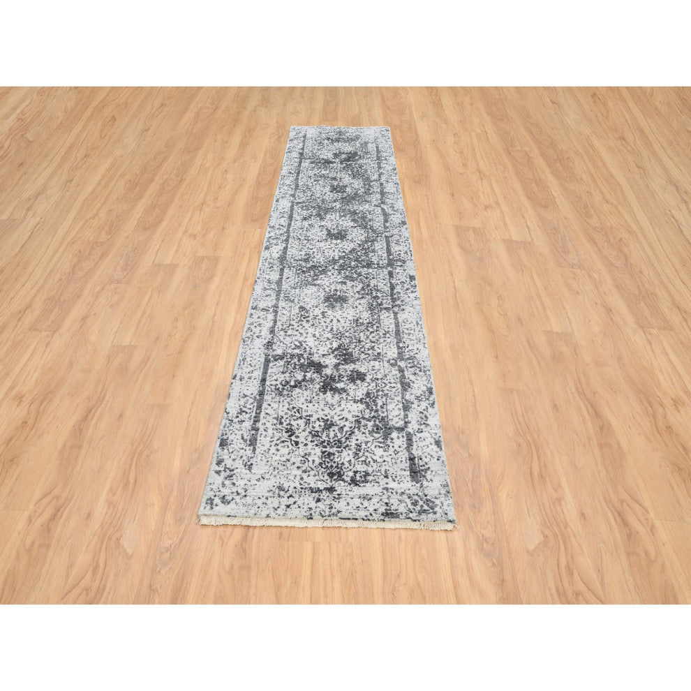 Gray Wool and Silk Hand Knotted Erased Persian Design Runner Rug, 2'7"x12'0"
