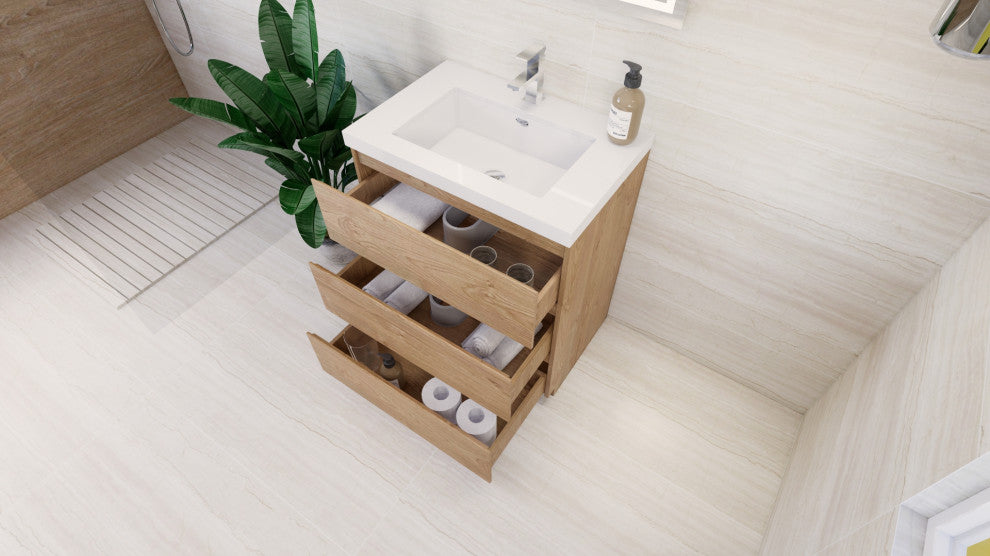Moa Bathroom Vanity With 3 Drawers and Acrylic Sink, New England Oak, 30"