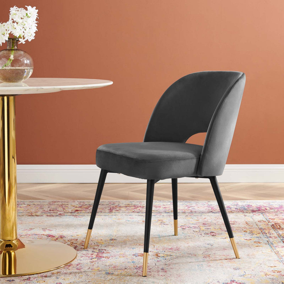 Side Dining Chair, Velvet, Dark Gray, Modern, Bistro Restaurant Hospitality