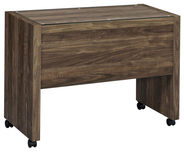 Modern Desk, Wooden Frame With Wheels & Tempered Glass, Aged Walnut Finish