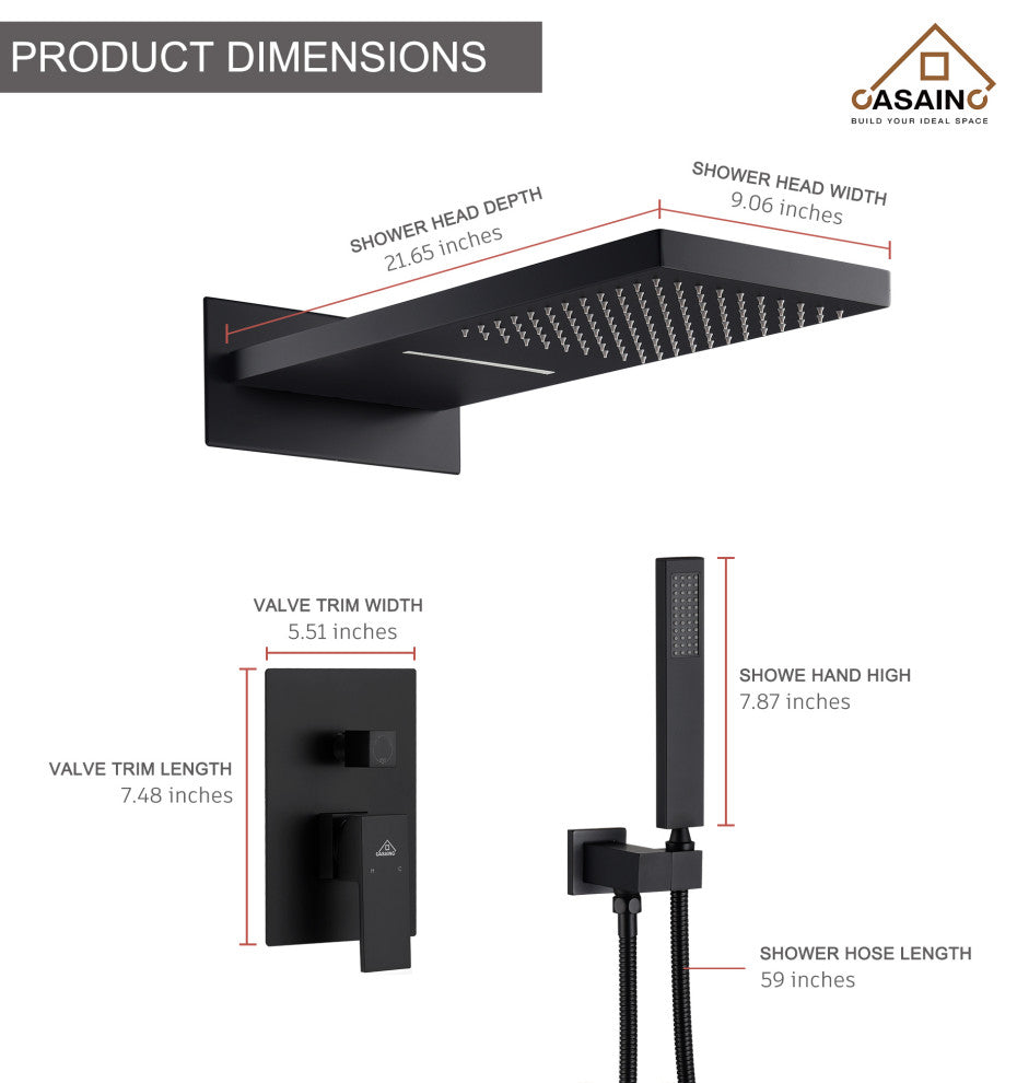 CASAINC 22" Wall Mounted Luxury Waterfall Shower System w Handheld Spray, Matte Black