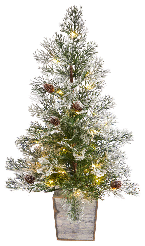 2' Frosted Pre-Lit Artificial Christmas Tree With Pinecones, Decorative Planter