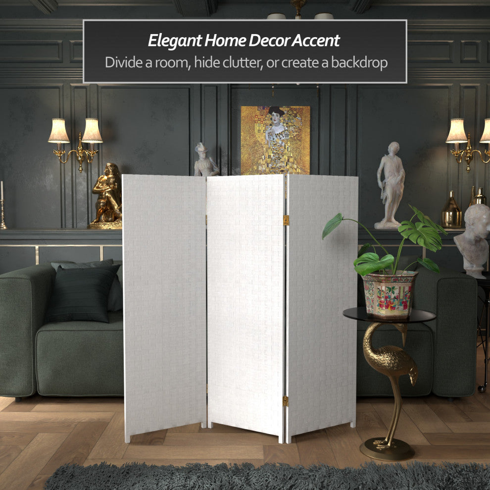 4' Tall Woven Fiber Room Divider, White, 3 Panel