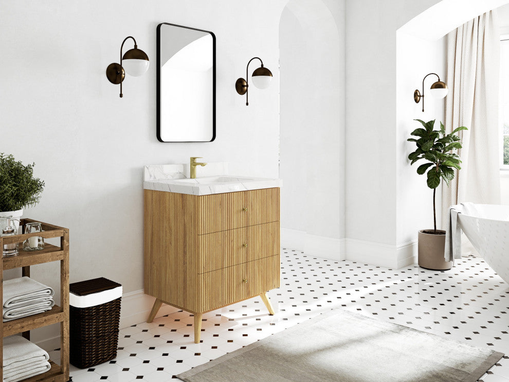 Pasadena 30" Single Sink Bath Vanity, Light Natural Teak 2" Calacatta Poanazzo
