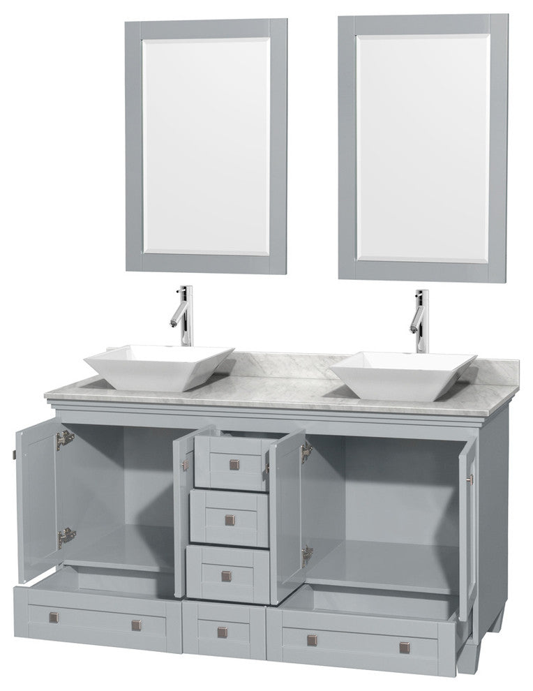 Acclaim Oyster Gray DBL Vanity, Mirrors 60" White Carrera Marble, White Porcelai