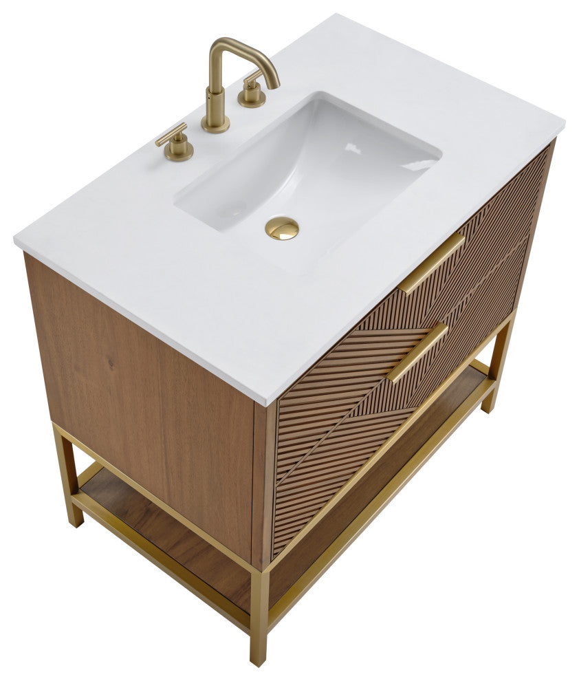Diamond 36" Bath Vanity, Walnut/Satin Brass, 36", White Quartz Top