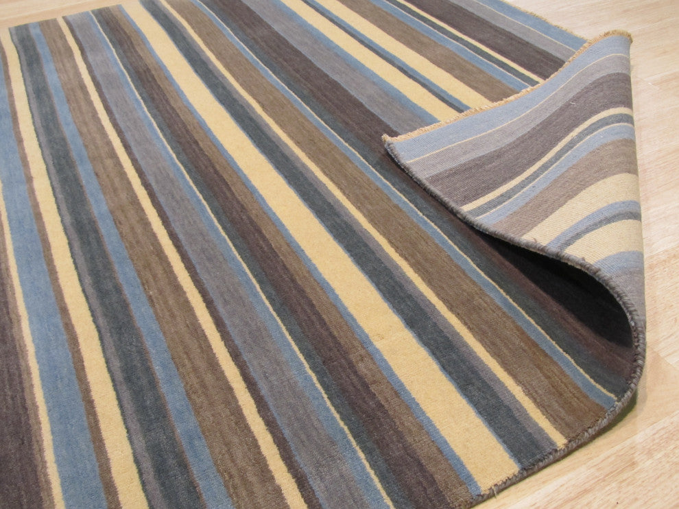 Blue/Brown Striped Handmade Wool Rug, 5'6x8'