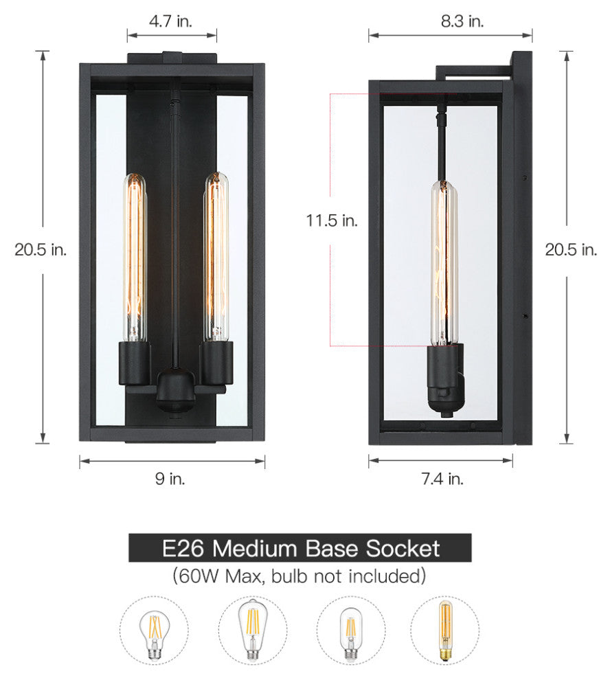 2-Light 20.5"H Modern Black Outdoor Lantern Wall Sconce