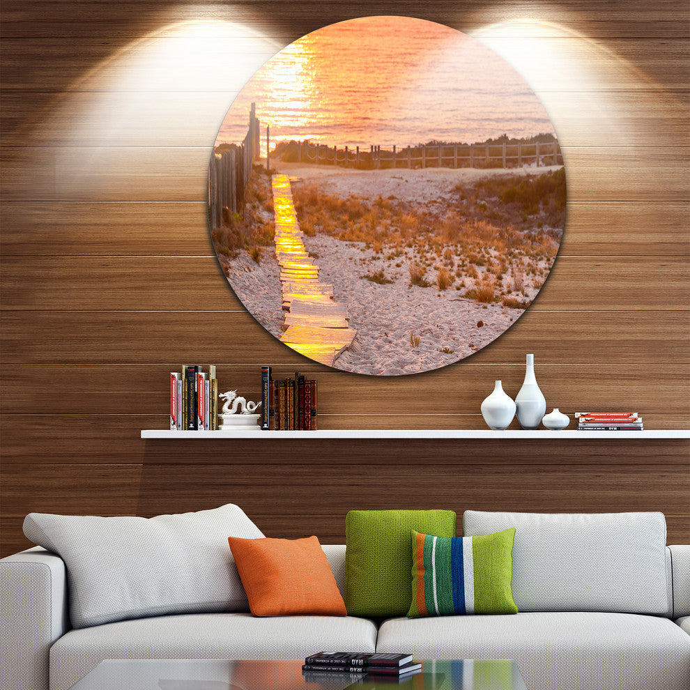 Yellowish Boardwalk Into Seashore, Sea Bridge Round Metal Wall Art, 11"