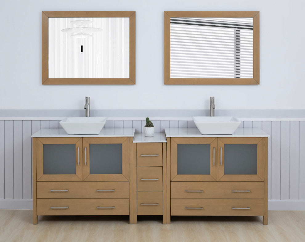 Vanity Art Vanity Set With Vessel Sink, Natural Oak, 84", Standard Mirror